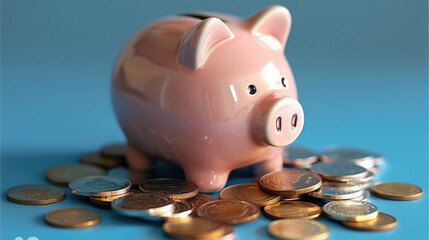 A cute piggy bank, filled with a variety of coins, on a simple blue background. The piggy bank is made of shiny, light pink ceramic, and the coins glint with gold and silver hues. Generative AI.
