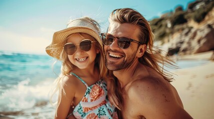 Fototapeta premium A young girl and her father are smiling at the camera while wearing sunglasses on a beautiful beach