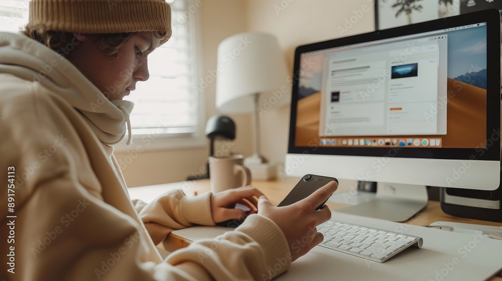 Poster A Caucasian person looking at the phone stand on a desk next to an PC while typing on the keyboard, clean beige wall in the blurred background. Generative AI.