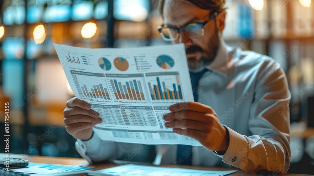 Fototapete a person holding a financial report, analyzing data with a focused expression. professional attire, 