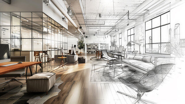 The photograph transitions seamlessly from a vibrant color photo to a detailed pencil drawing, illustrating the evolution from design concept to finished space. Generative AI