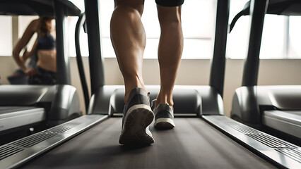 Close-up of man feet on a treadmill running at the gym or at home