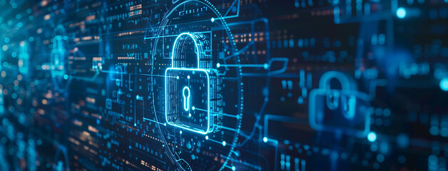 wide technology background cover illustration of digital data security with padlock symbol bright lines binary codes on a screen