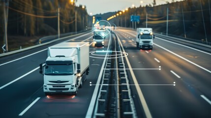 Fototapeta premium Autonomous Trucks Driving on Highway at Dusk