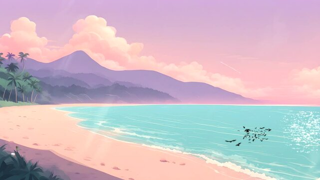 A beach scene with a mountain in the background. The sky is pink and the water is blue