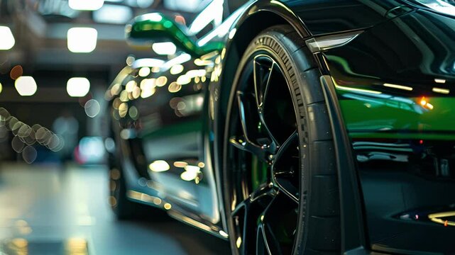 A closeup of a green racing stripe on a black sports car showcases the unique metallic shine of the decal adding a touch of luxury to the cars athletic appearance.