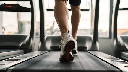 Close-up of man feet on a treadmill running at the gym or at home