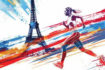 Vibrant vector illustration of French athletic woman running in Paris, Eiffel Tower background with red and blue stripes, white background, no text or symbols