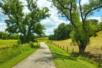 Sunny Summer day landscape of a bike trail passing trees and fenced farm fields along the Root River and Harmony-Preston Valley Trails near Preston, Minnesota. © Dave