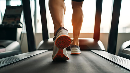 Close-up of man feet on a treadmill running at the gym or at home