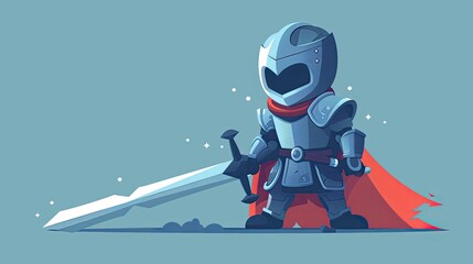 Illustration of a brave knight in shining armor holding a large sword with a red cape, set against a blue background.