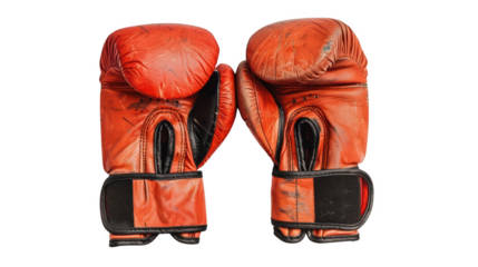 Worn-out red boxing gloves, symbolizing sport, competition, and fitness. Perfect for fitness-themed media. PNG Transparent No background.