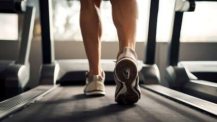 Close-up of man feet on a treadmill running at the gym or at home