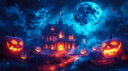 Mystical Halloween Night With Haunted House and Glowing Jack-O'-Lanterns