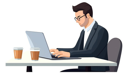 Businessman working with a laptop isolated on pure white background