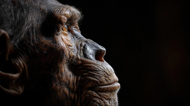 Close-up profile of a chimpanzee's face in thoughtful expression against a dark background.