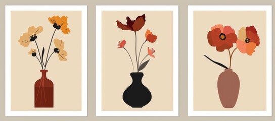 Series of Three Retro Mid-Century Modern Flower Posters in Flat Design Featuring Flowers Arranged in Vases with Warm Earthy Colors and Simple Shapes

