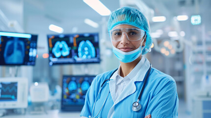 A woman in a blue lab coat and a blue surgical cap stands in front of a monitor. She is smiling and she is a doctor