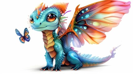 Fototapeta premium A baby dragon with butterfly wings, magical element, digital art, vibrant colors, isolated on white background