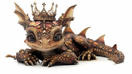A baby dragon with a crown, royal element, fantasy art, rich colors, isolated on white background