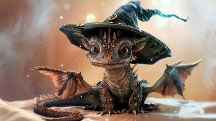 Fototapeta premium A baby dragon with a wizard hat, magical element, fantasy illustration, mystical colors, isolated on white background