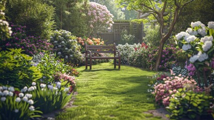 A wooden bench sits in the middle of a peaceful garden path, surrounded by vibrant flowers and lush greenery bathed in warm sunlight