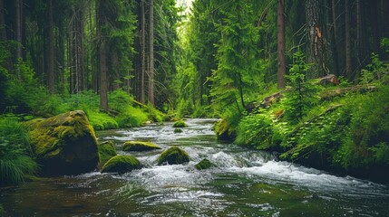 Obraz premium A peaceful river meanders through a dense forest, surrounded by vibrant green trees and foliage
