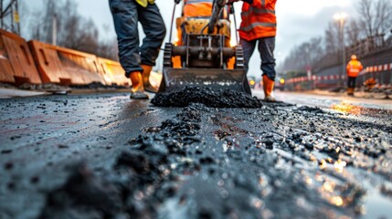 Construction workers lay fresh asphalt on a highway, using a small paver to spread the hot material