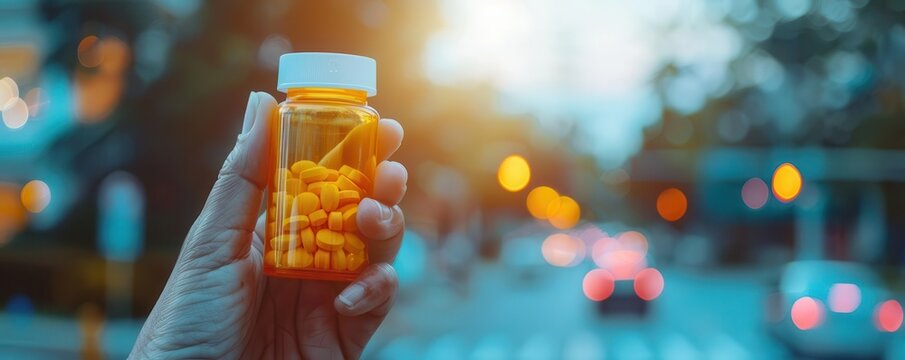 Hand holding prescription pain medication bottle, pharmacy background, pain management