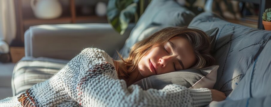Woman with fibromyalgia resting on a couch, cozy home environment, chronic pain daytoday life