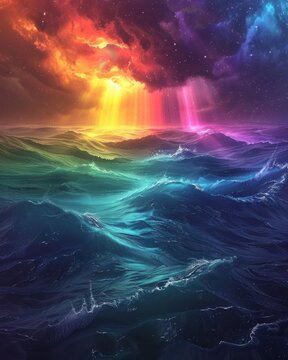 Stormy sea, rainbow particles, starlight, realistic, beautiful clarity, style neon