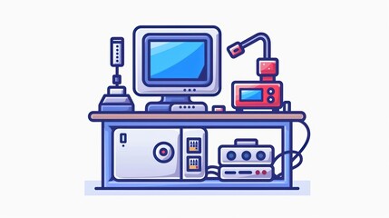 A cute electronic gadget in a kawaii watercolor style, isolate on white background, being assembled in a hightech factory