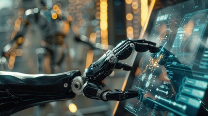 In a factory setting, a robotic hand interacts with a touchscreen, activating a display of data and visuals on the interface. Background is blurry