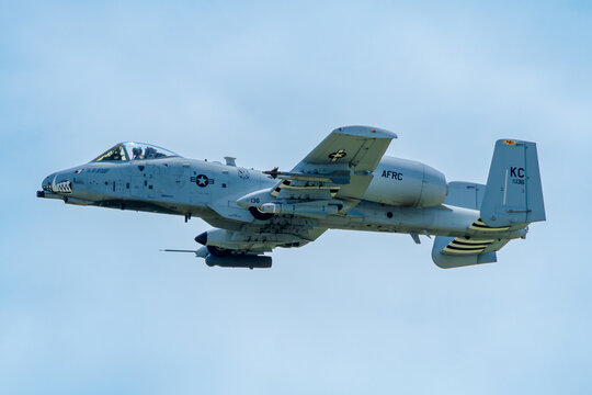 A-10 Warthog makes a low altitude pass from the right