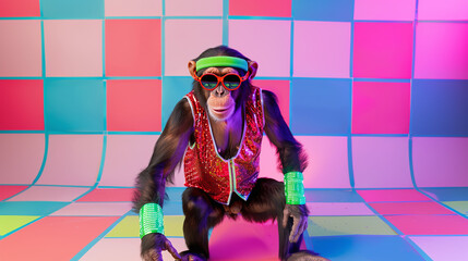 A dancer monkey in an 80s disco ensemble, featuring a glittery red vest, neon green wristbands, and a matching headband