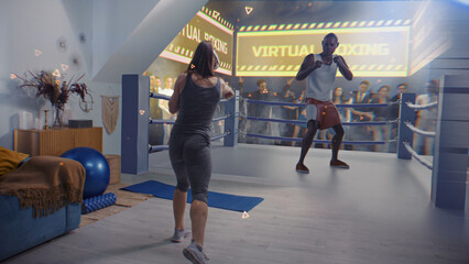 Athletic woman in AR headset starts online boxing training. VR screen with displayed virtual trainer and interface of boxing app. Metaverse futuristic home gym with AI technologies. VFX animation.