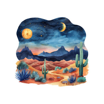 recommend clip art: desert lanscape at night vector illustration in watercolor style
