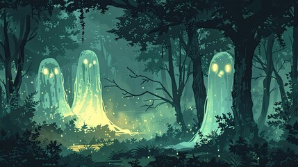 Obraz premium Mysterious forest scene with glowing spectral figures, creating an eerie and enchanting atmosphere in a misty woodland setting.