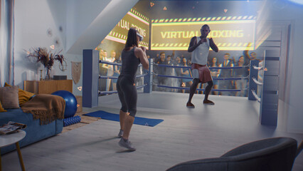 Athletic woman in AR headset starts online boxing training. VR screen with displayed virtual trainer and interface of boxing app. Metaverse futuristic home gym with AI technologies. VFX animation.