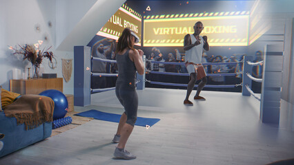 Female athlete wearing augmented reality headset starts boxing training. VR screen shows virtual coach and interface of AR boxing app. Metaverse futuristic home gym with AI technologies. VFX animation