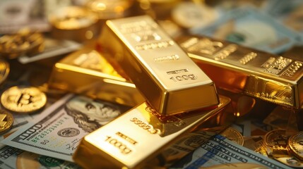 Gold bars and Bitcoin coins on a bed of US dollar bills