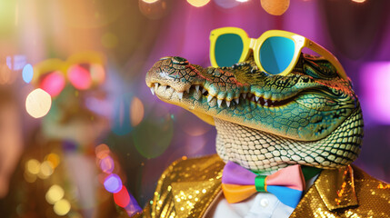 a crocodile in an 80s disco ensemble, wearing a shiny silver jacket, rainbow leg warmers, and a tiny fedora hat, fun neon colors