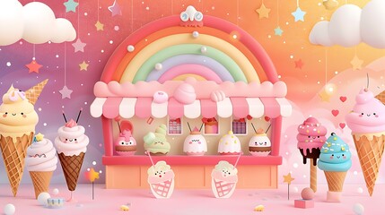 Cute Cartoon Drawing of Pastel Rainbow Ice Cream Shop