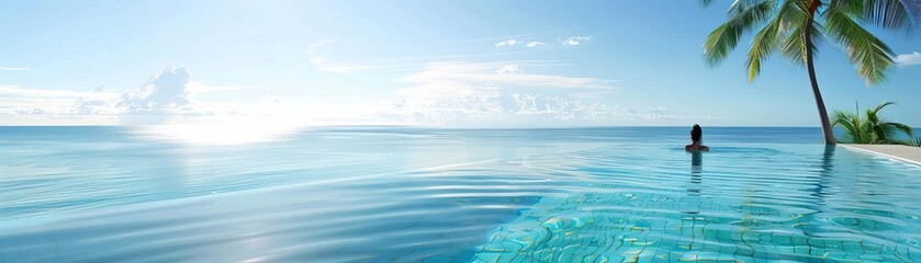 Obraz premium Infinity pool overlooking tropical ocean, person swimming to the edge