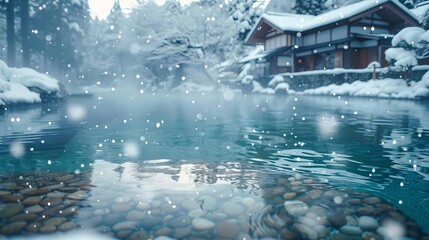 Japanese onsen hot spring in winter, steam rising from water