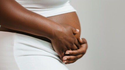 close-up of a black woman's hands gently embracing the stretch marks on her belly, pregnant woman, body positivity - Powered by Adobe