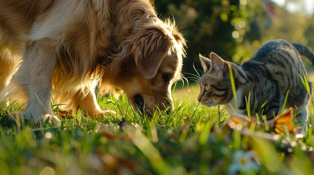 A dog and cat exploring the grass together, sniffing around curiously
