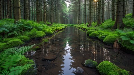 Serene forest stream surrounded by lush greenery and tall trees in a tranquil natural landscape, perfect for relaxation and nature lovers