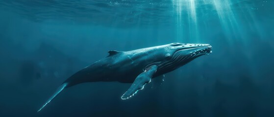 Fototapeta premium A whale gliding through the ocean in an ultramodern, supernatural scene, with copy space