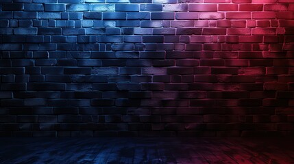 Abstract image of Studio dark room with red and blue lighting effects on black brick wall gradient background